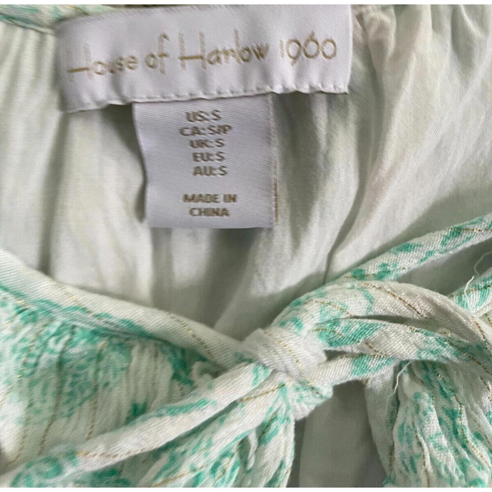 House of Harlow 1960 Paisley Long Sleeve Ruffle Smocked Mini Dress Mint Green S - Picture 8 of 9
